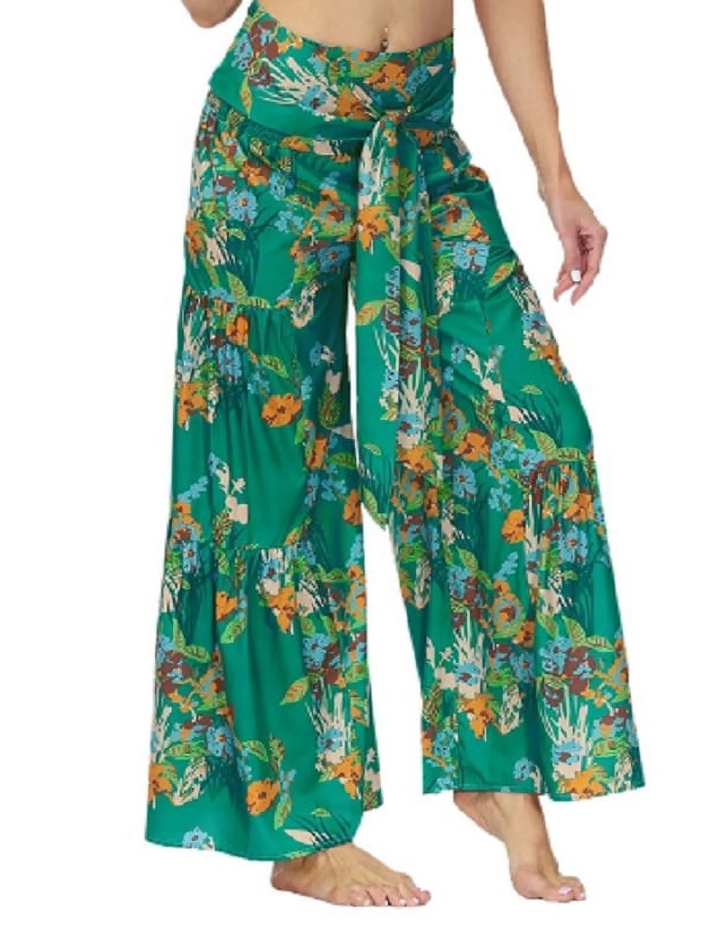 Floral Pallazo Wide-Leg Tie-Waist Pants
